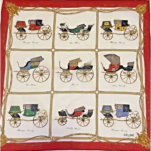 Celine Scarf Red Carriage Pattern Cotton Handkerchief Vintage Women's 18x18